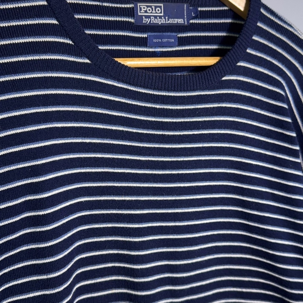 Polo Ralph Lauren Shirt Mens Size Large Striped Cotton Knit Navy Blue White - Picture 2 of 10